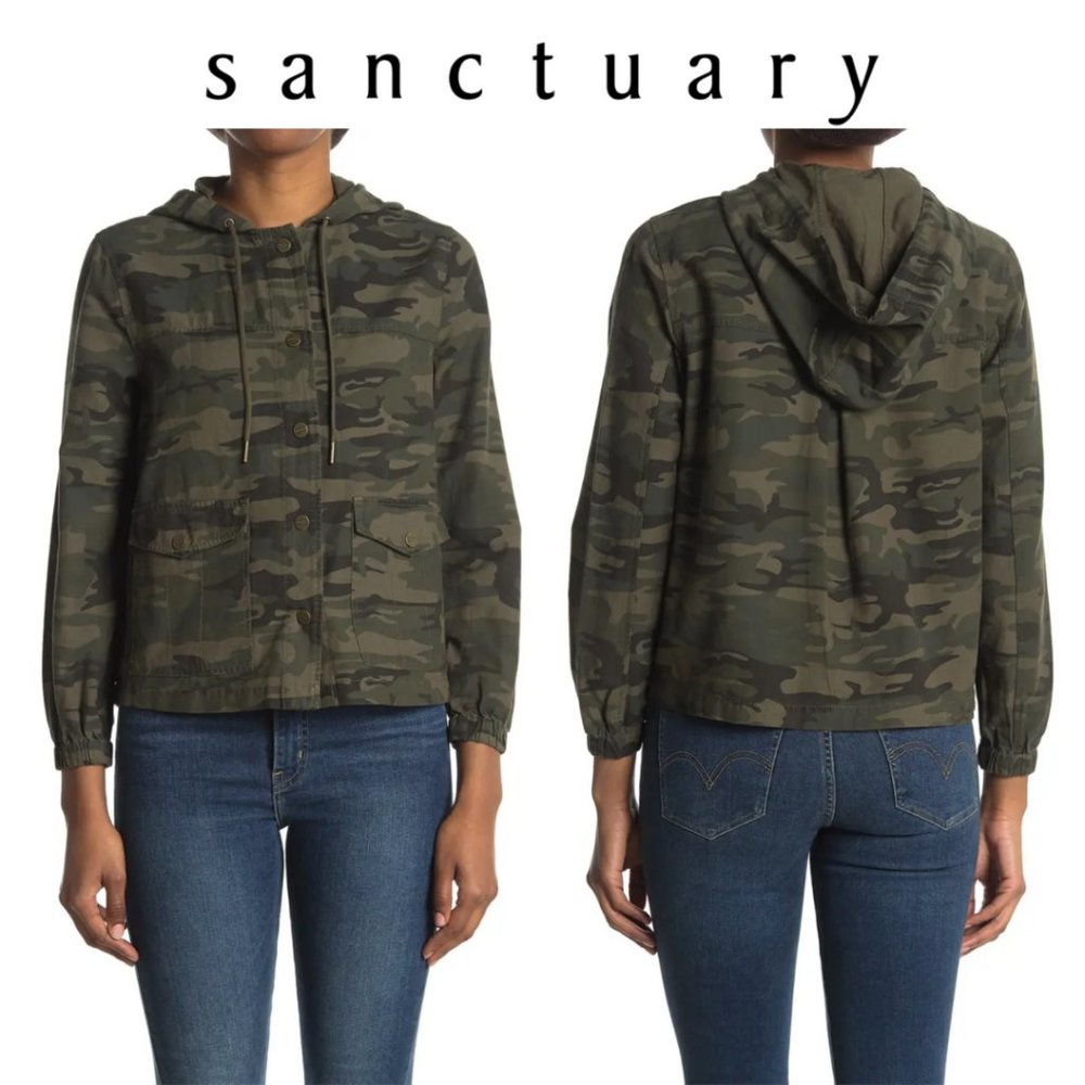 Sanctuary Camo Hooded Snap Front Jacket